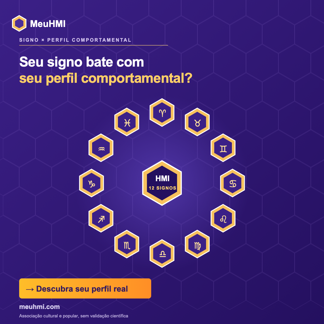Os 12 signos do zodíaco em hexágonos dourados ao redor do selo MeuHMI