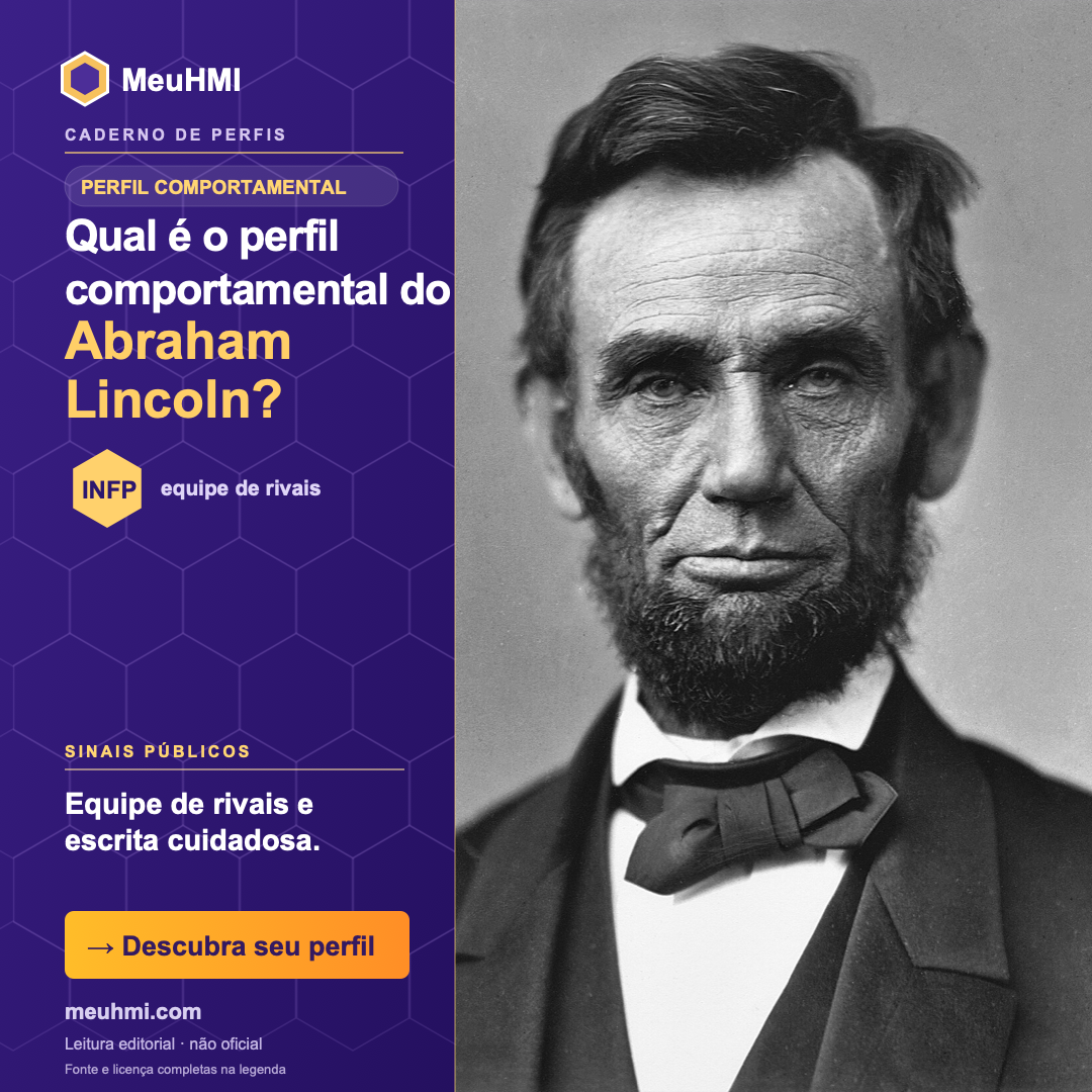 Arte editorial sobre o perfil comportamental de Abraham Lincoln, com fotografia e tipo INFP
