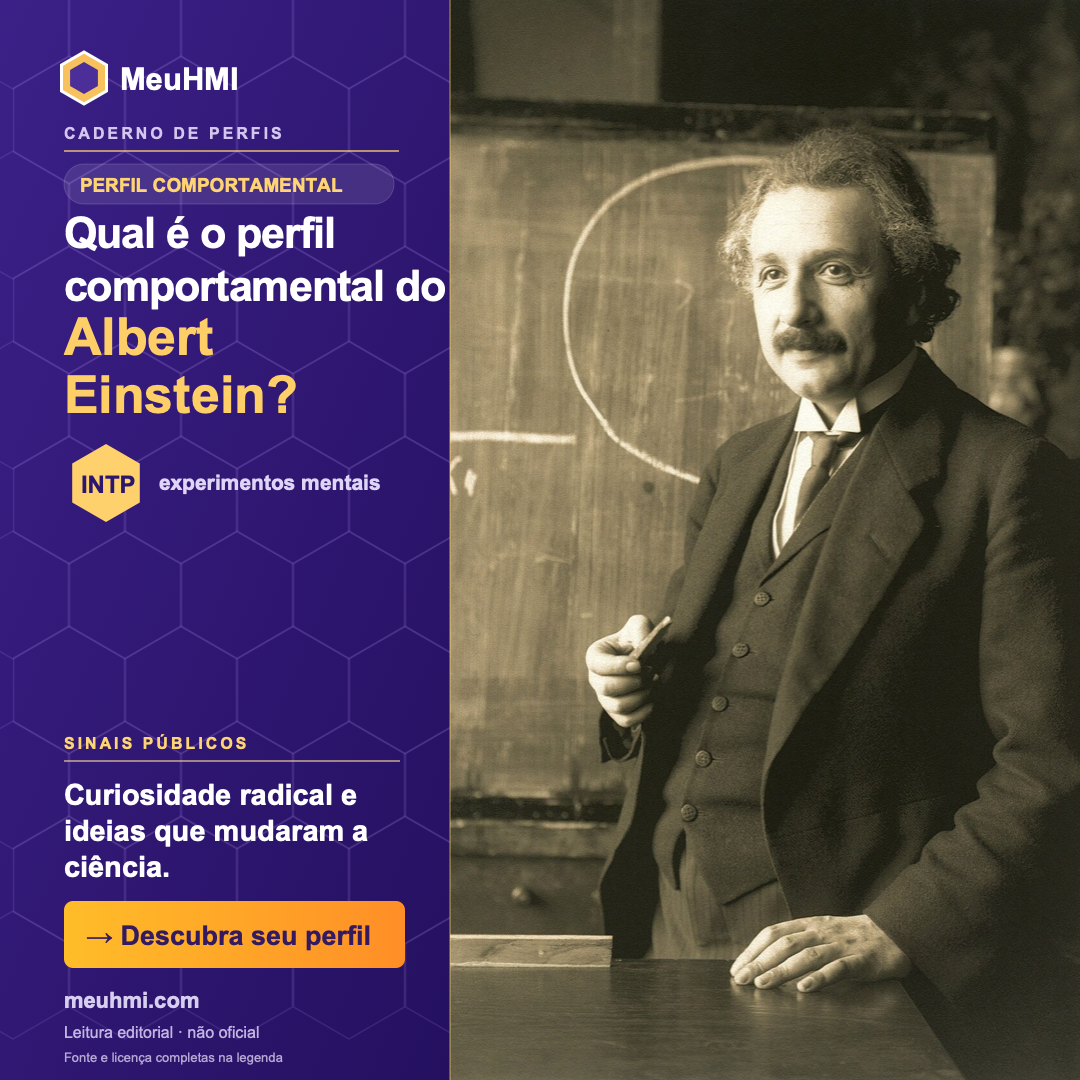 Arte editorial sobre o perfil comportamental de Albert Einstein, com fotografia e tipo INTP