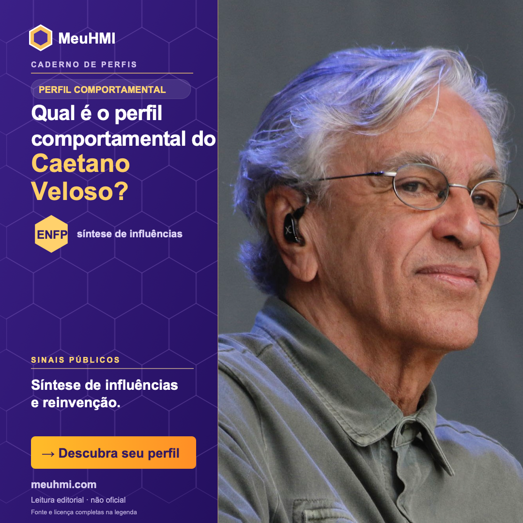 Arte editorial sobre o perfil comportamental de Caetano Veloso, com fotografia e tipo ENFP