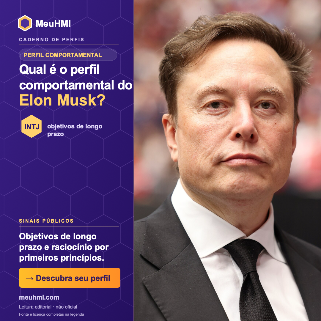 Arte editorial sobre o perfil comportamental de Elon Musk, com fotografia e tipo INTJ