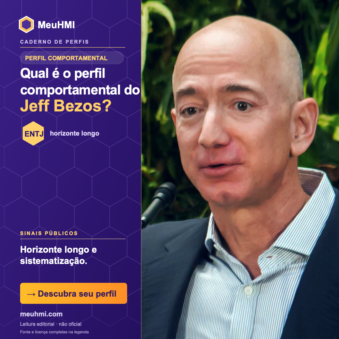 Arte editorial sobre o perfil comportamental de Jeff Bezos, com fotografia e tipo ENTJ