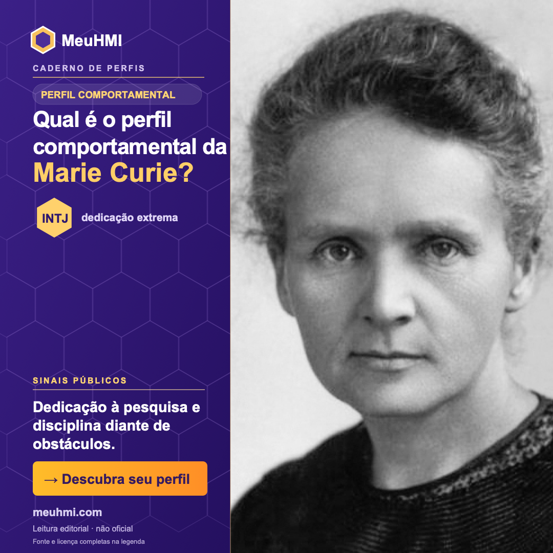 Arte editorial sobre o perfil comportamental de Marie Curie, com fotografia e tipo INTJ