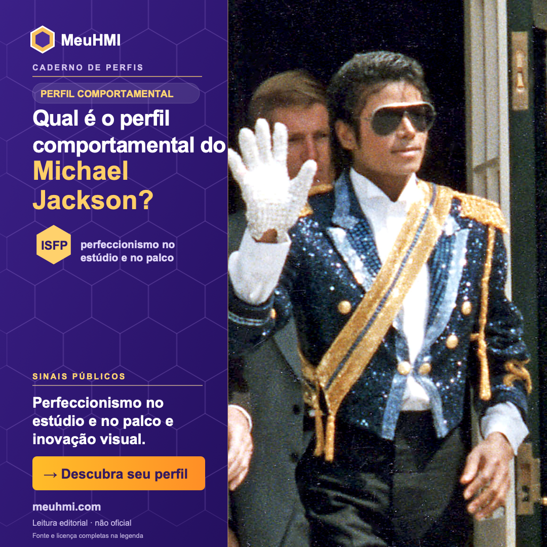 Arte editorial sobre o perfil comportamental de Michael Jackson, com fotografia e tipo ISFP