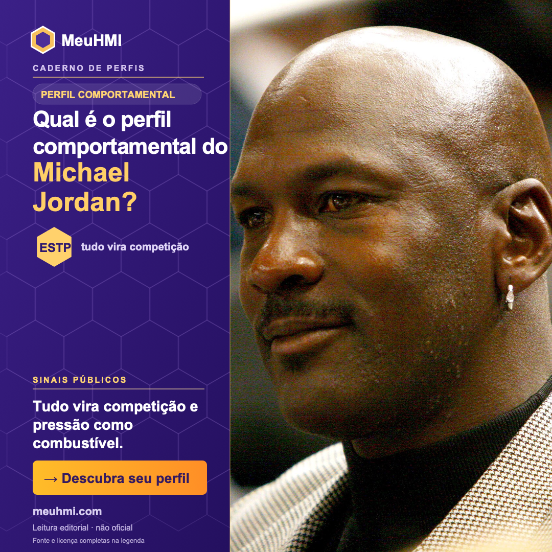 Arte editorial sobre o perfil comportamental de Michael Jordan, com fotografia e tipo ESTP