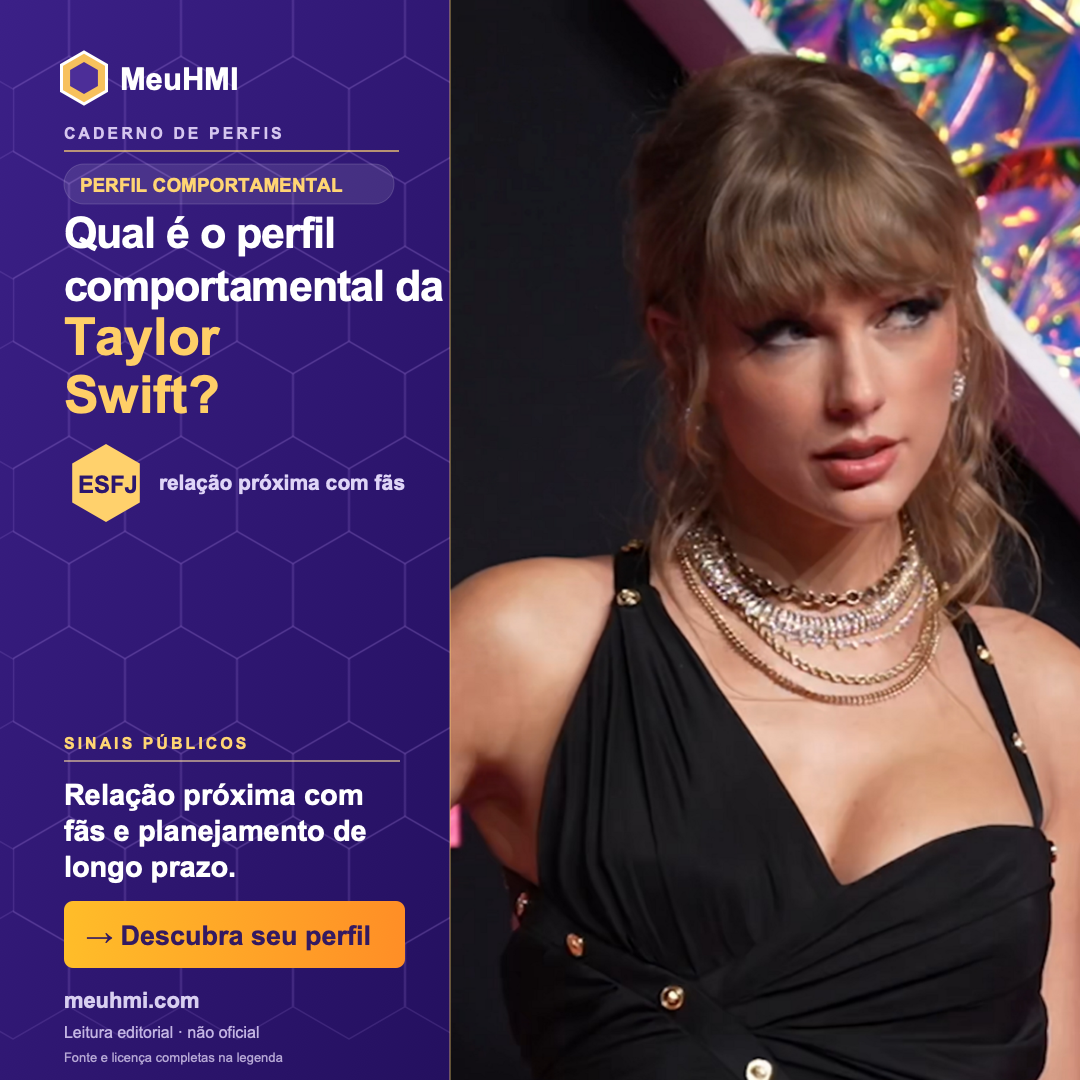 Arte editorial sobre o perfil comportamental de Taylor Swift, com fotografia e tipo ESFJ