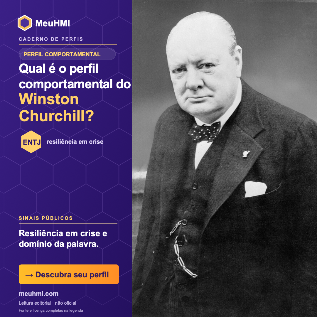 Arte editorial sobre o perfil comportamental de Winston Churchill, com fotografia e tipo ENTJ